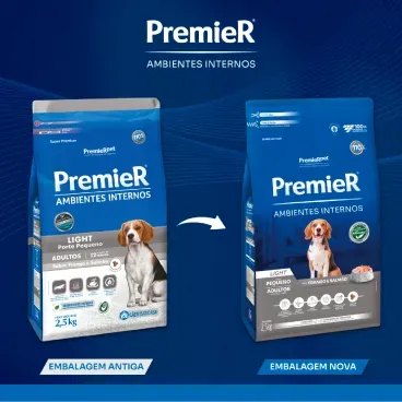 Nova embalagem Racao Premier Ambientes Internos Light Caes Adultos Frango e Salmao